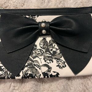 Betsy Johnson Elegant Black and White Floral Clutch with Bow